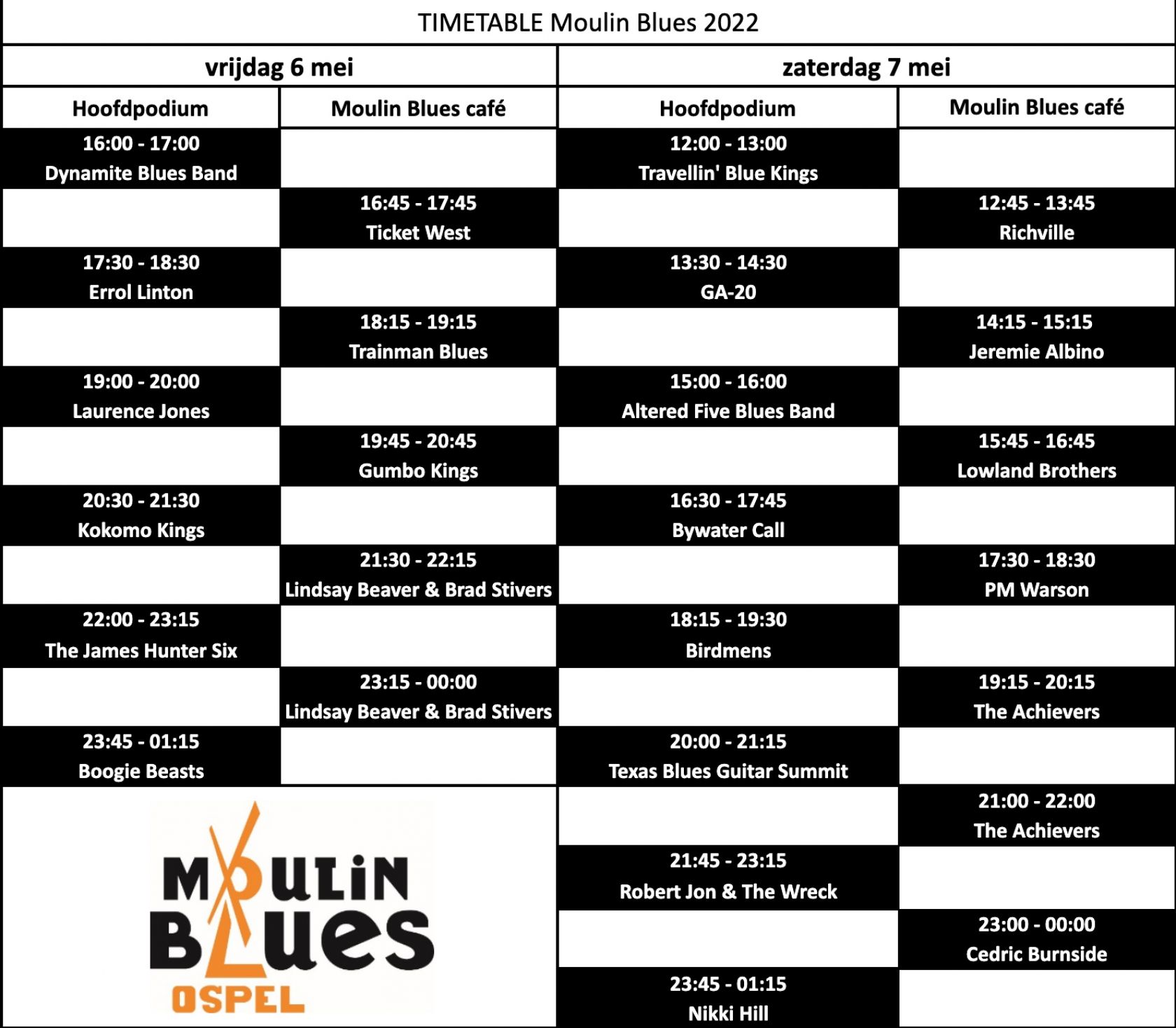 Timetable Moulin Blues 2022